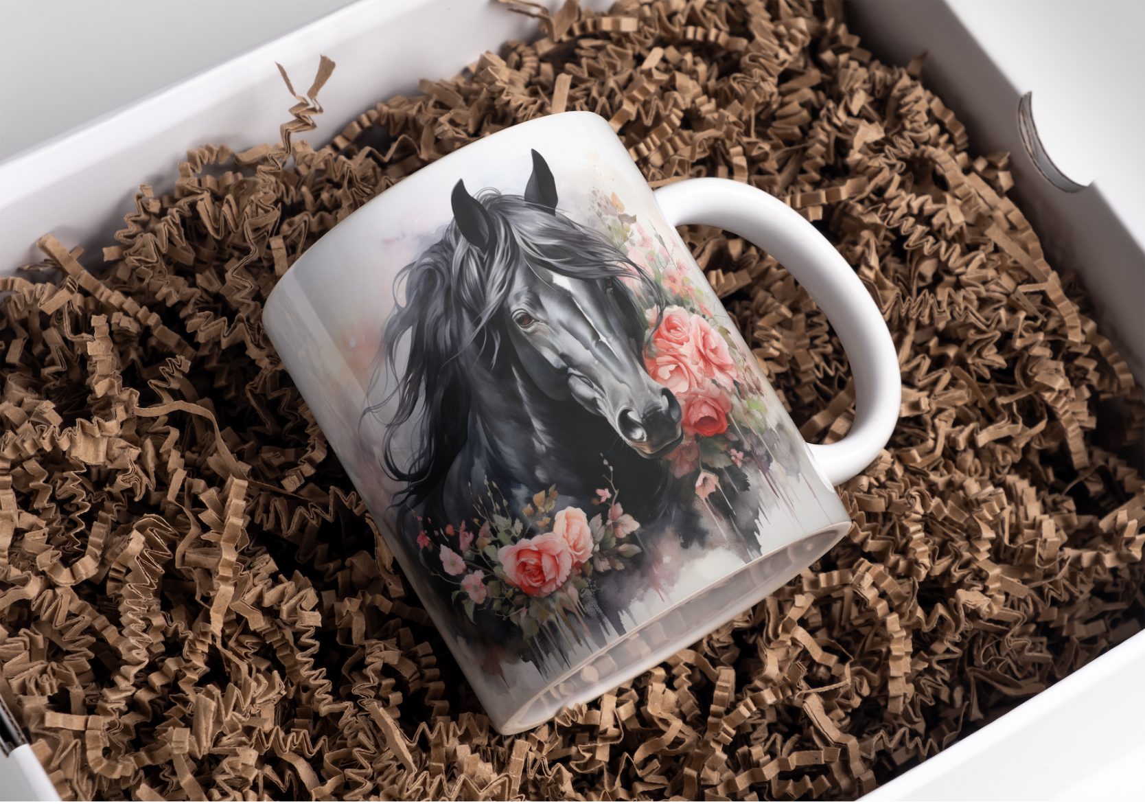 Mok - Paard zwart met roze bloemen