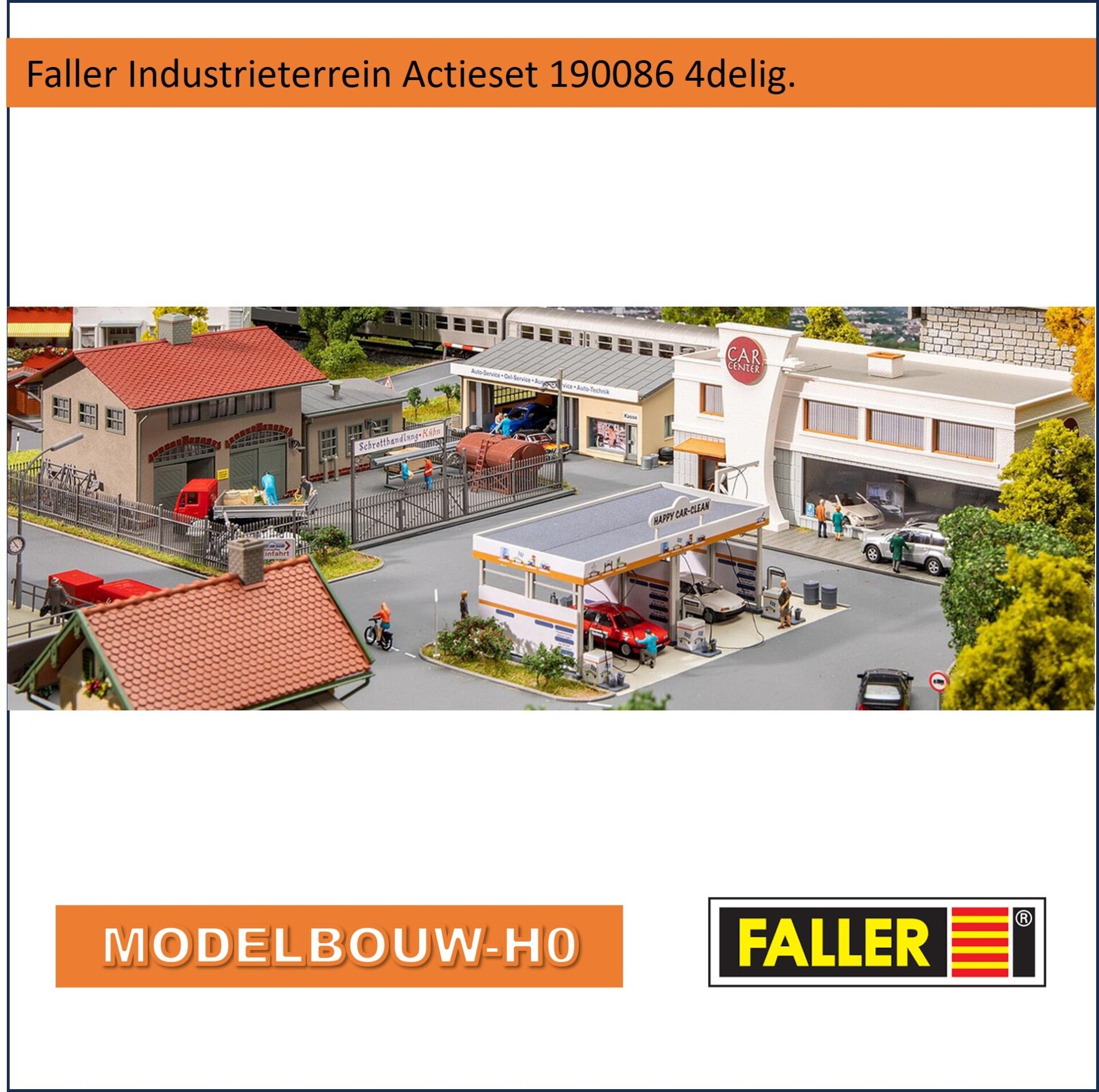 Faller Industrieterrein Actieset 190086 4 gebouwen Wasstraat-Garage-Schroothandelaar-Showroom