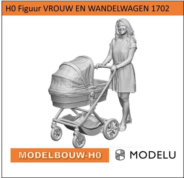 Vrouw met wandelwagen 3D geprint (1702) | H0 figuren (1:87)