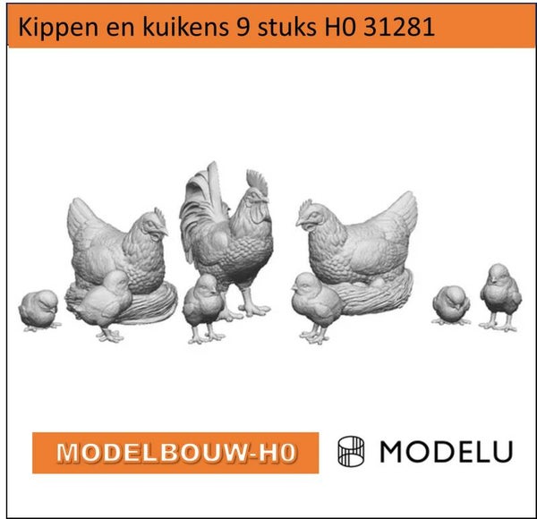 Kippen en kuikens 3D geprint (31281) | H0 figuren (1:87)
