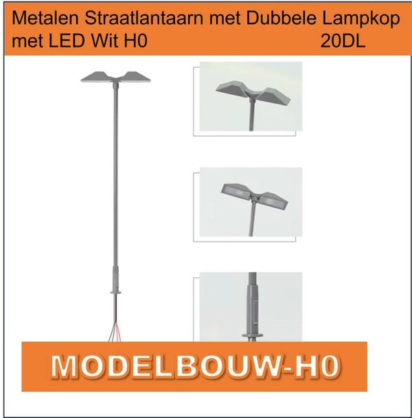Metalen Straatlantaarn met Dubbele Lampkop H0 – LED Wit 20DL
