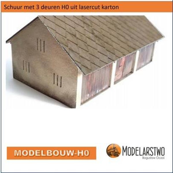 Schuur met 3 deuren H0 lasercut karton EAFC leistenendak