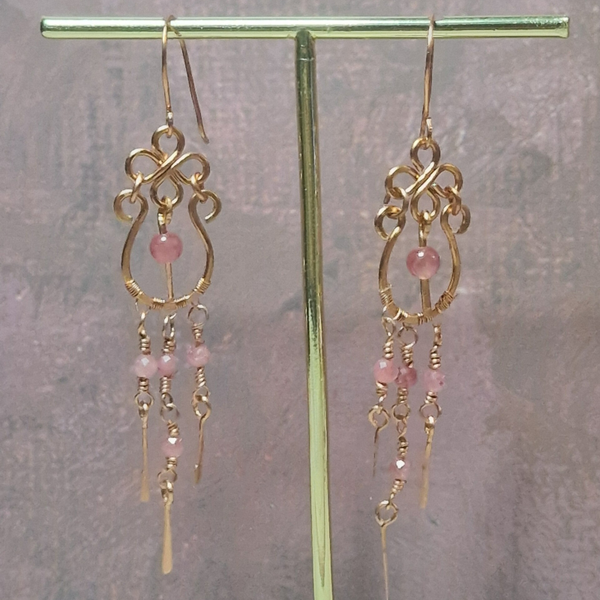 Strawberry quartz long chandelier earrings