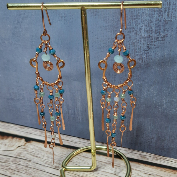 Blue beaded copper earrings
