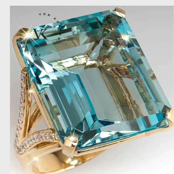 Elegant Square-Cut Blue Gemstone Ring with Rose Golden Plating