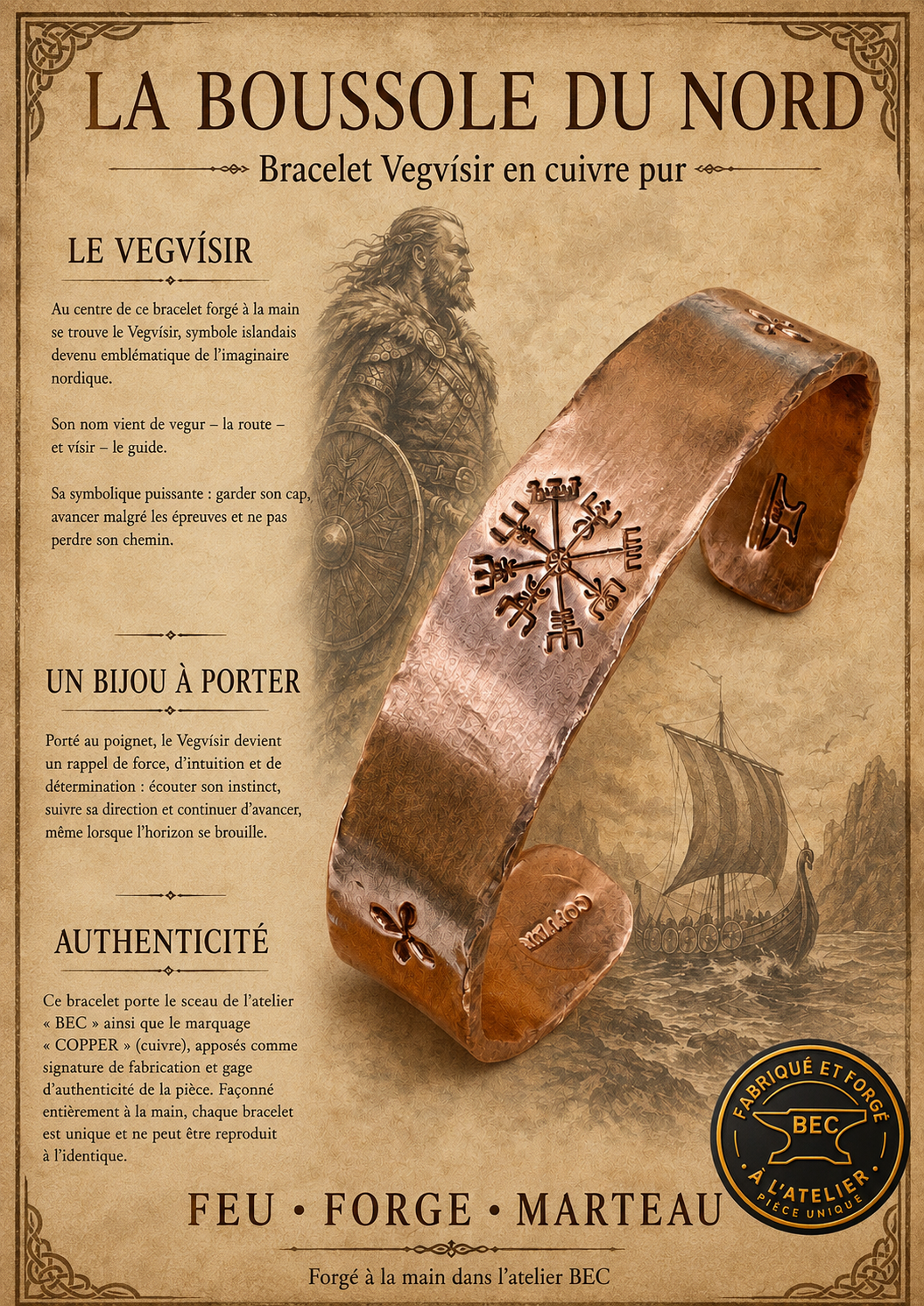 Bracelet cuivre pur "Le Vegvisir"