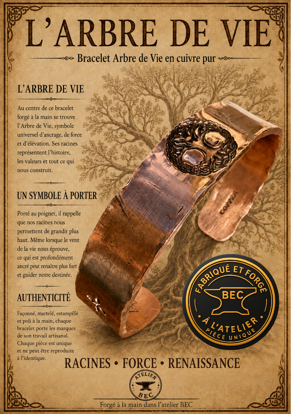 Bracelet cuivre pur "l'Arbre de vie"