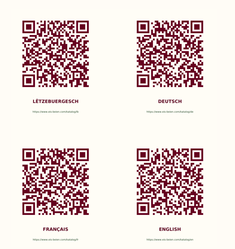 Katalog-QR-Codes: Lëtzebuergesch, Deutsch, Français und English