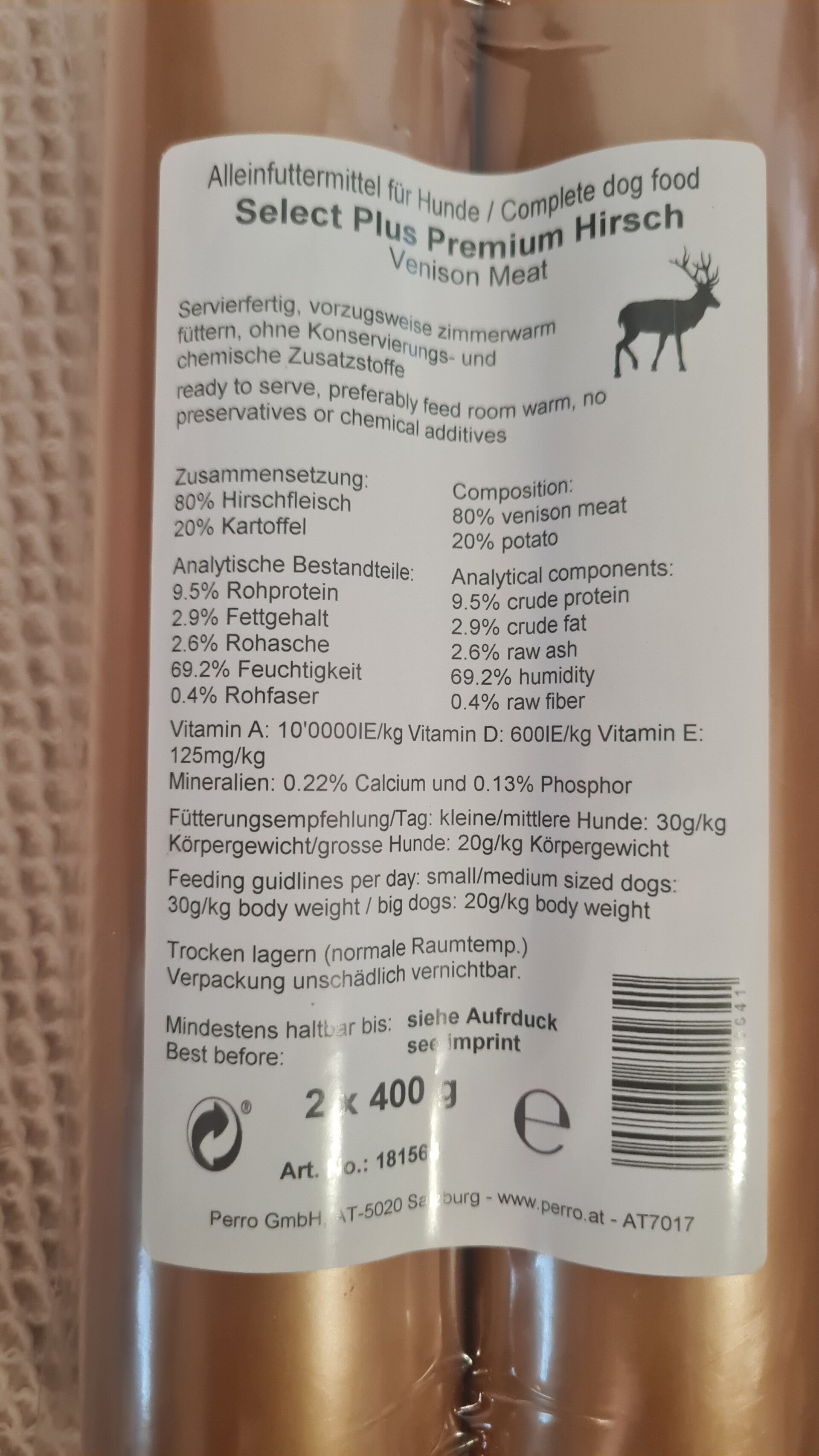 PERRO Delikatessrolle No.1 Hirsch & Kartoffel – 800 g