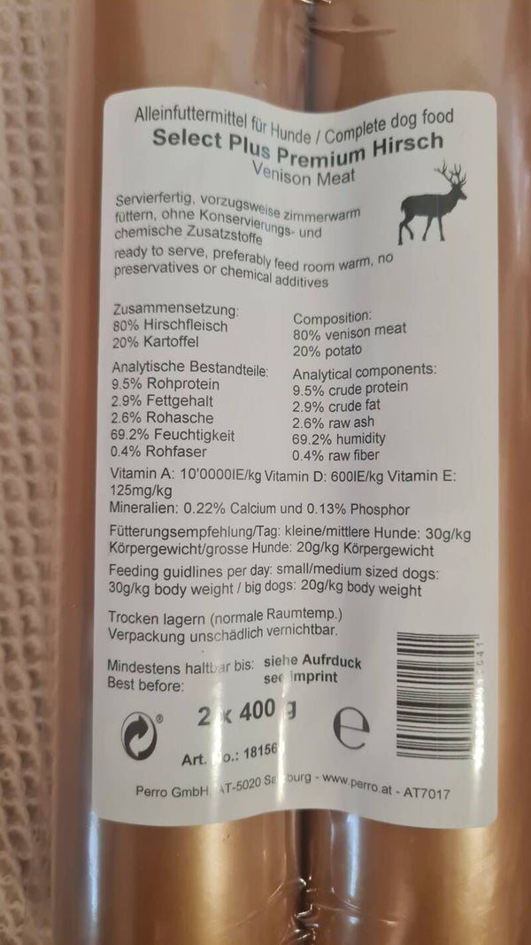 PERRO Delikatessrolle No.1 Hirsch & Kartoffel – 800 g