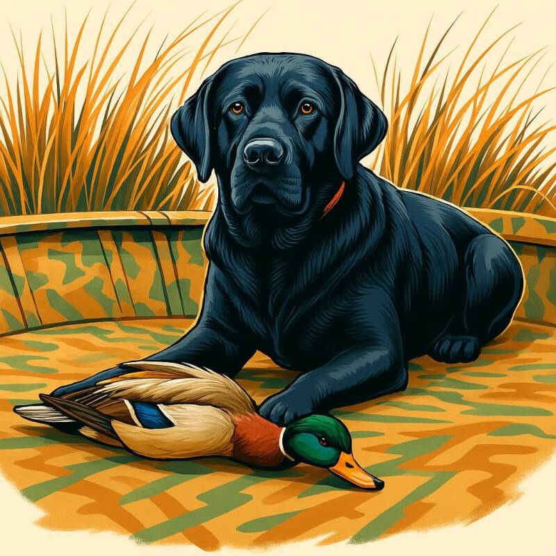 Black lab and a duck kids