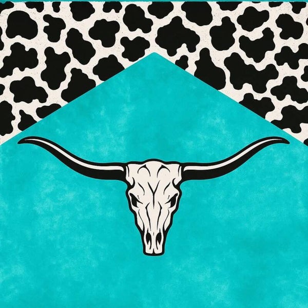Teal cowprint/ long horn skull kids