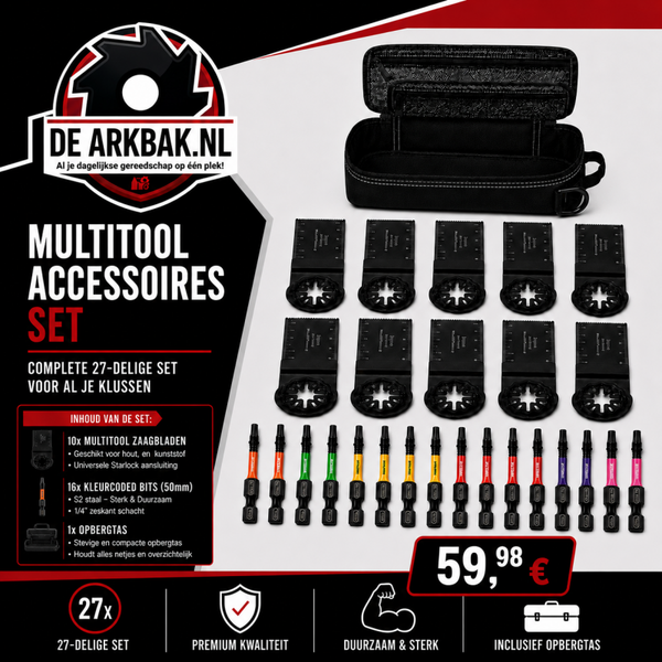 27-delige Multitool Accessoireset – 10 Starlock Zaagbladen + 16 Kleurgecodeerde Bits + Opbergtas