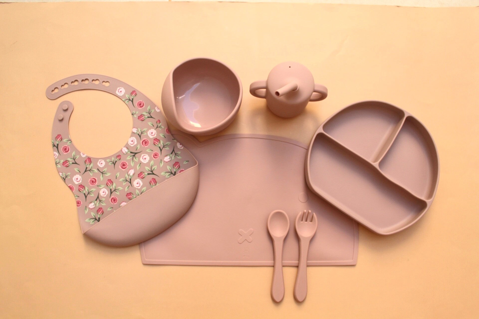 Floral Divided Silicone Mealtime Set (Pink)