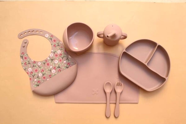 Floral Divided Silicone Mealtime Set (Pink)
