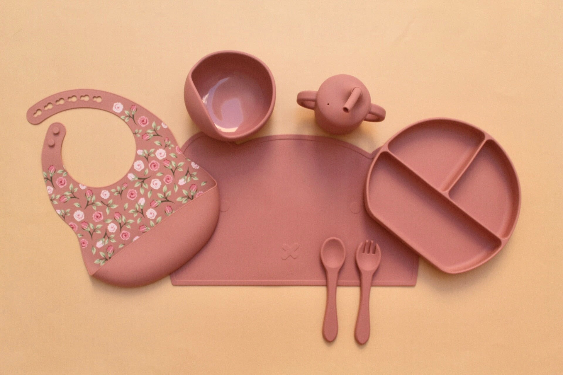 Floral Divided Silicone Mealtime Set (Blush)