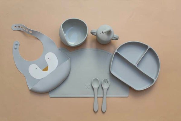 Penguin Divided Silicone Mealtime Set (Blue)
