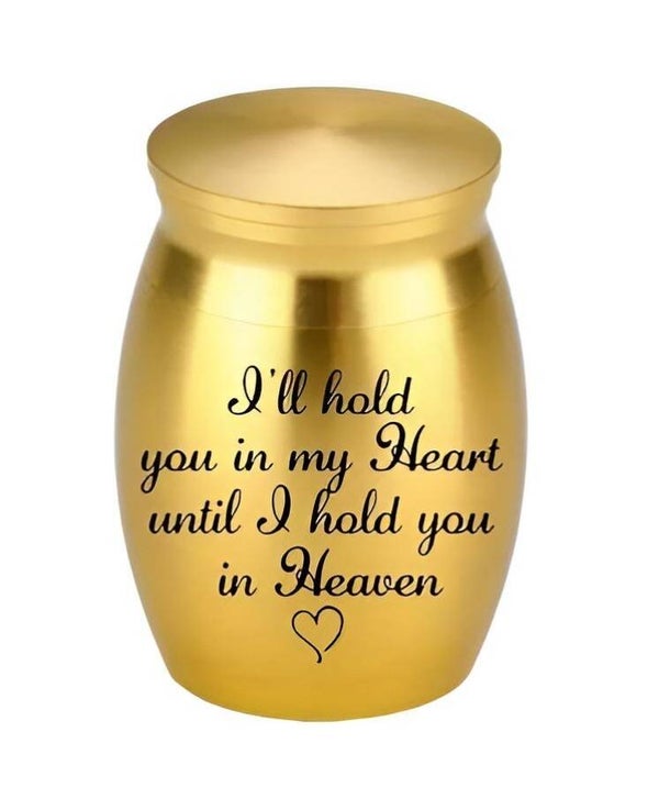 Kleine RVS urn "I'LL HOLD YOU IN MY HEART.." - GOUD