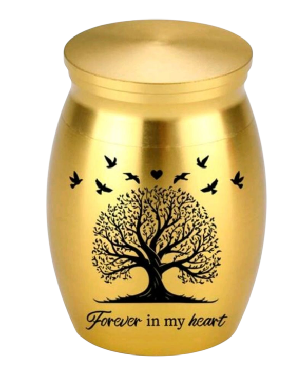 Kleine RVS urn "LEVENSBOOM GOUD"