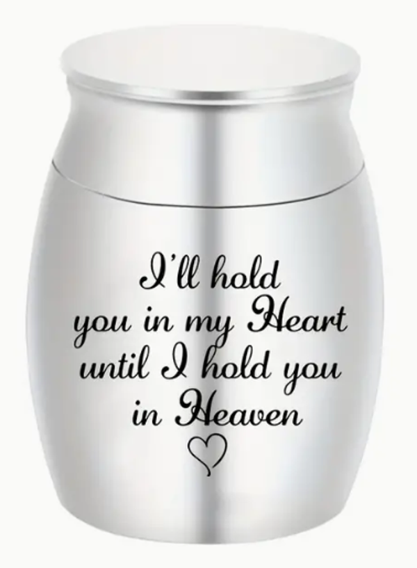 Kleine RVS urn "I'LL HOLD YOU IN MY HEART.." - ZILVER