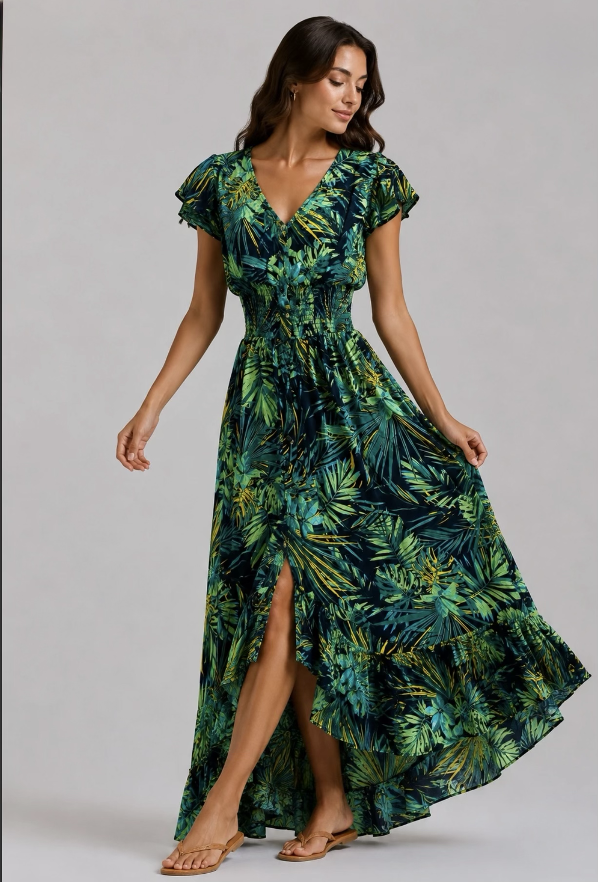 Robe longue asymétrique dos nu imprimé tropicale ANNIA