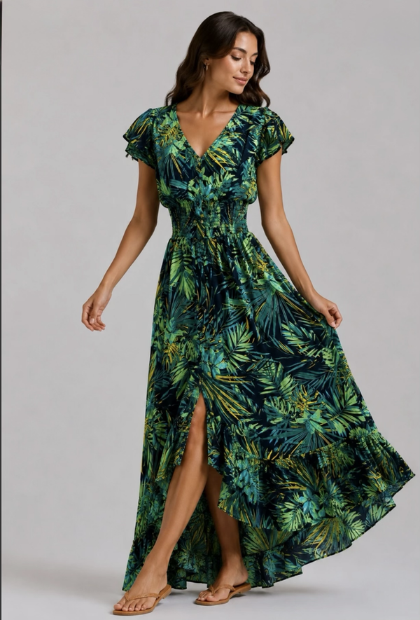 Robe longue asymétrique dos nu imprimé tropicale ANNIA
