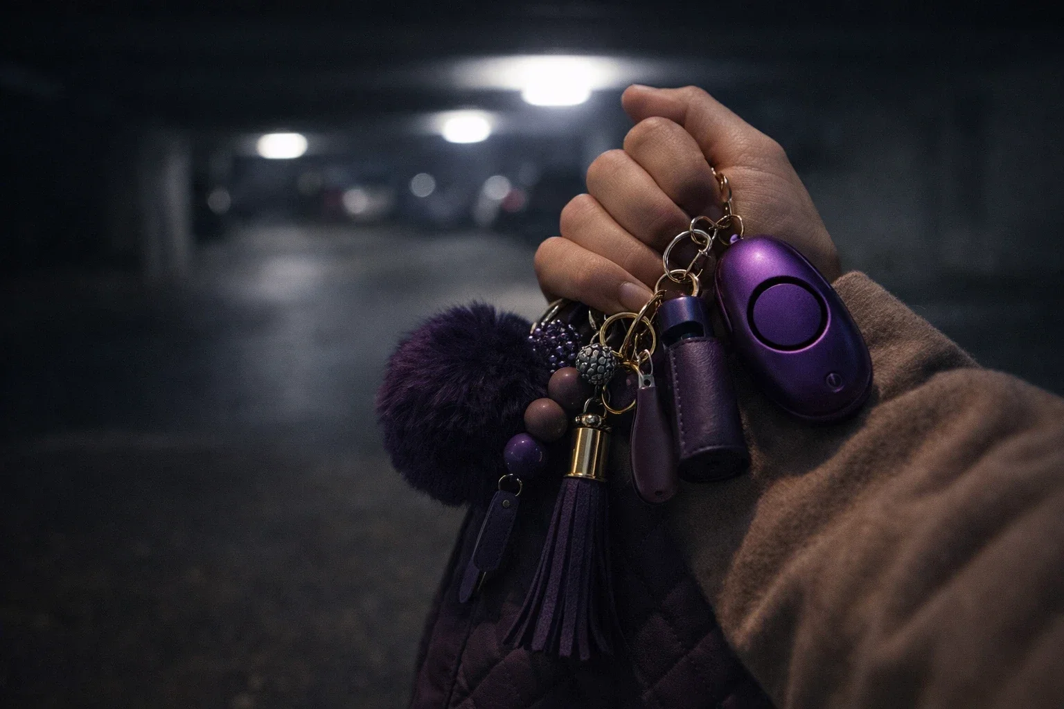 zelfverdediging sleutelhanger set paars in donkere parkeergarage
