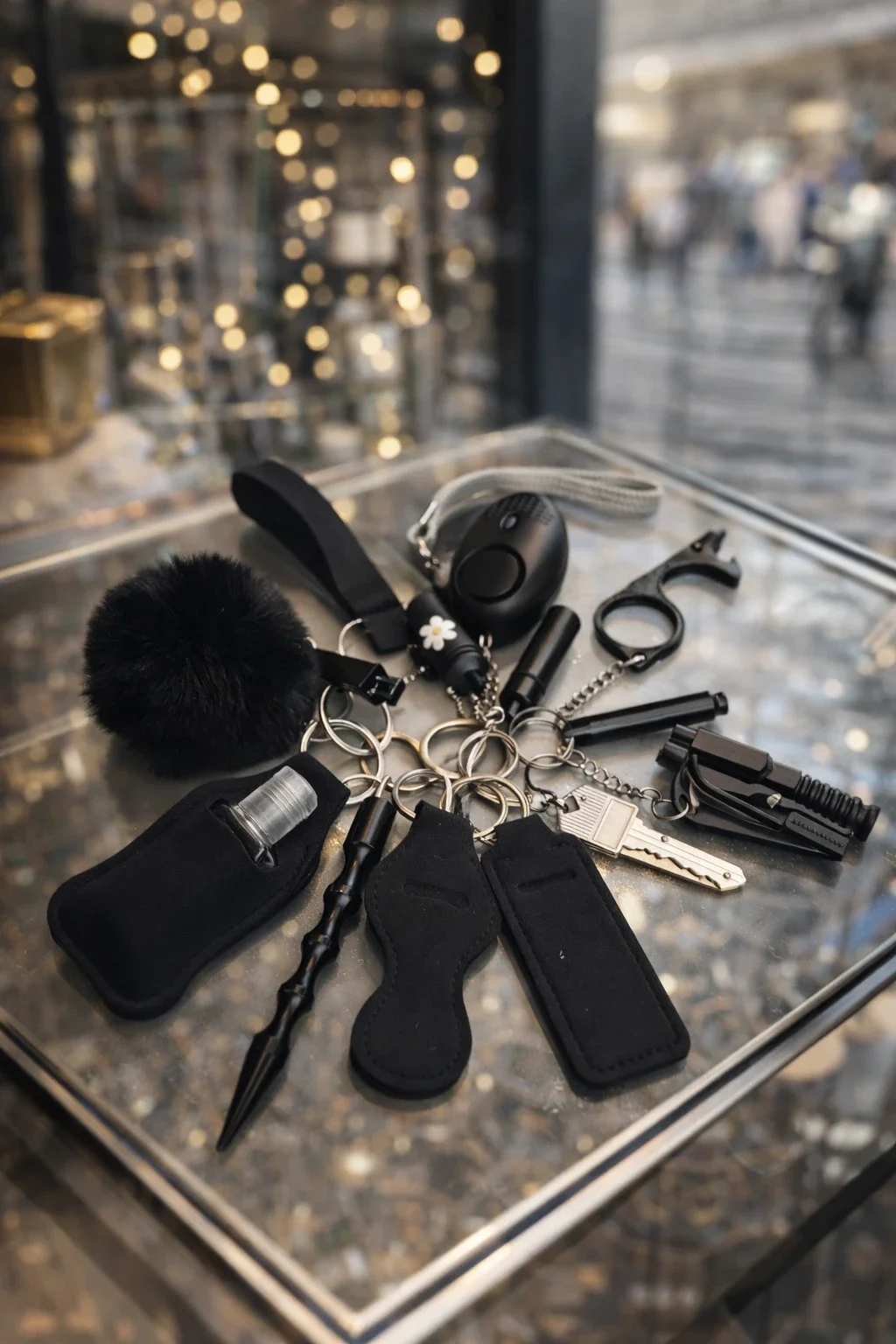 zelfverdedigingssleutelhangerset in zwart met kubaton en personal alarm