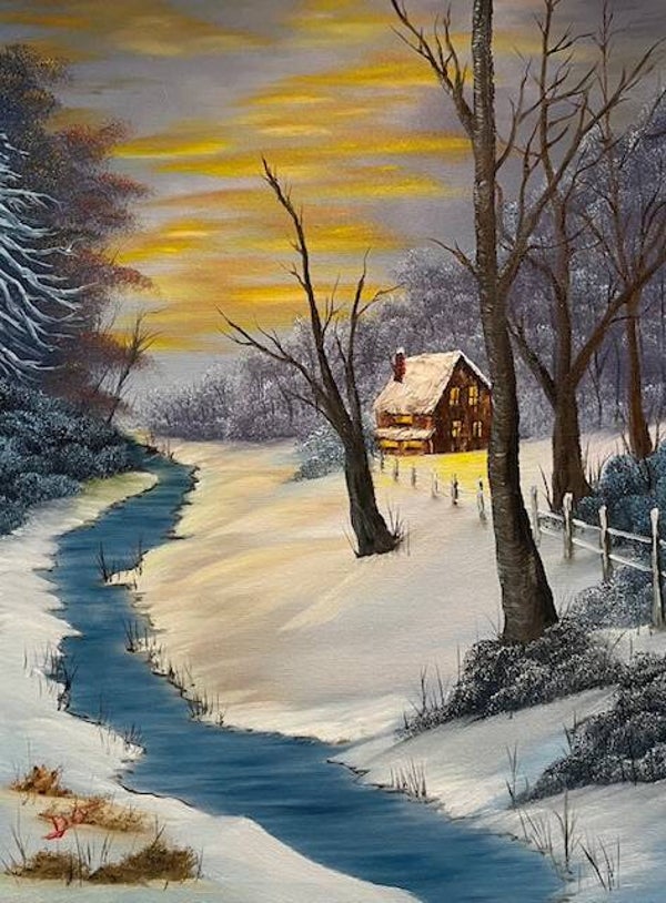 Glowing Cabin in the Snow 18x24" Canvas