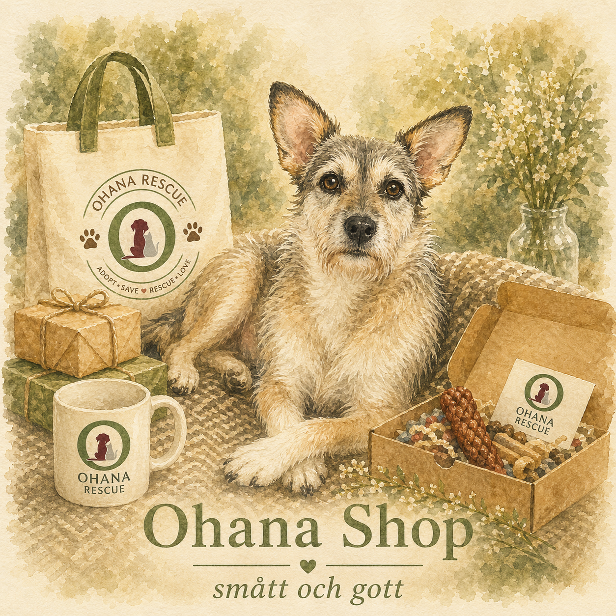 Handla hos Ohana Rescue handla mugg tygpåse hundboxar med mera