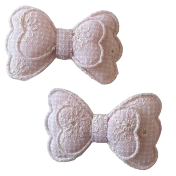 Vlinder strikje lichtroze geruit met kant (2 stuks)