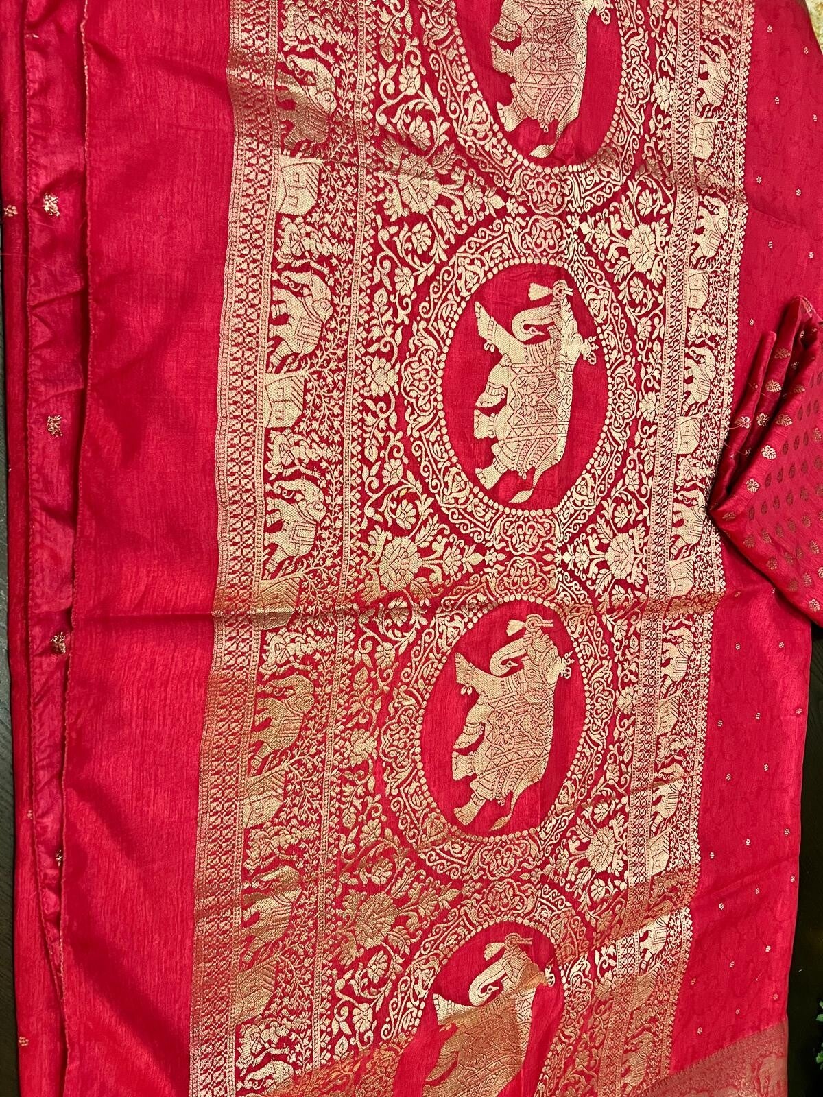 99 - Beautiful zari work with elephant borders in Pink and Yellow