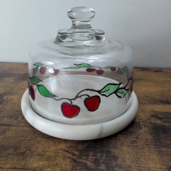 Vintage Glass Marble Hand Painted Cherry Large Cheese Dome 1980s Retro