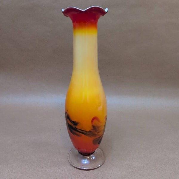 Vintage Murano Tall Glass Vase Yellow Red Orange UV Glow Retro Scalloped Rim