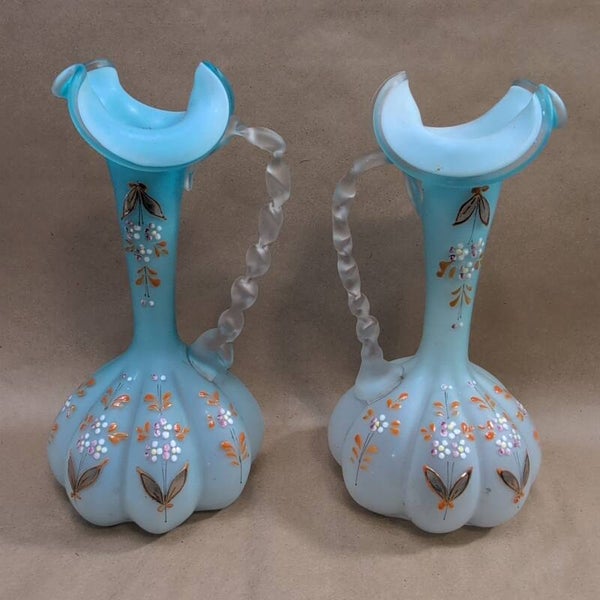 Antique pair Victorian Glass Jug Handblown Blue Satin Pitcher Vase Orange Enamel