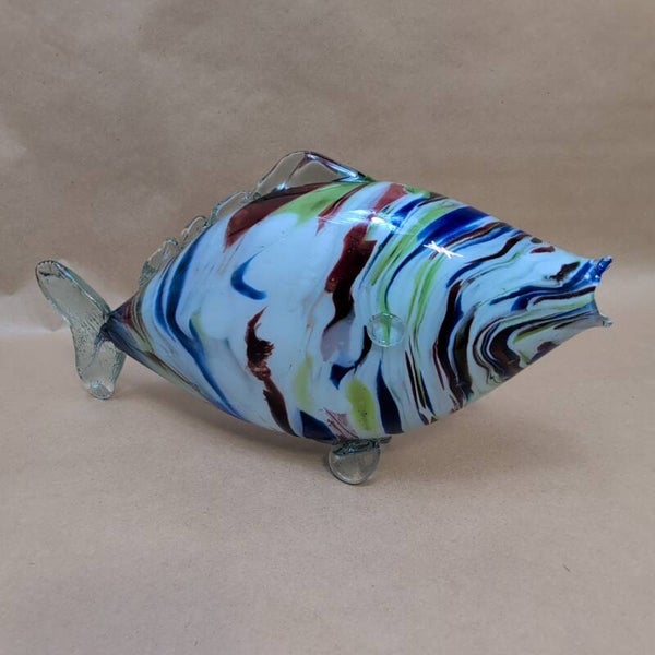 Vintage Romanian Glass Multi Coloured Hand Blown Fish Sculpture Figurine 11 " G
