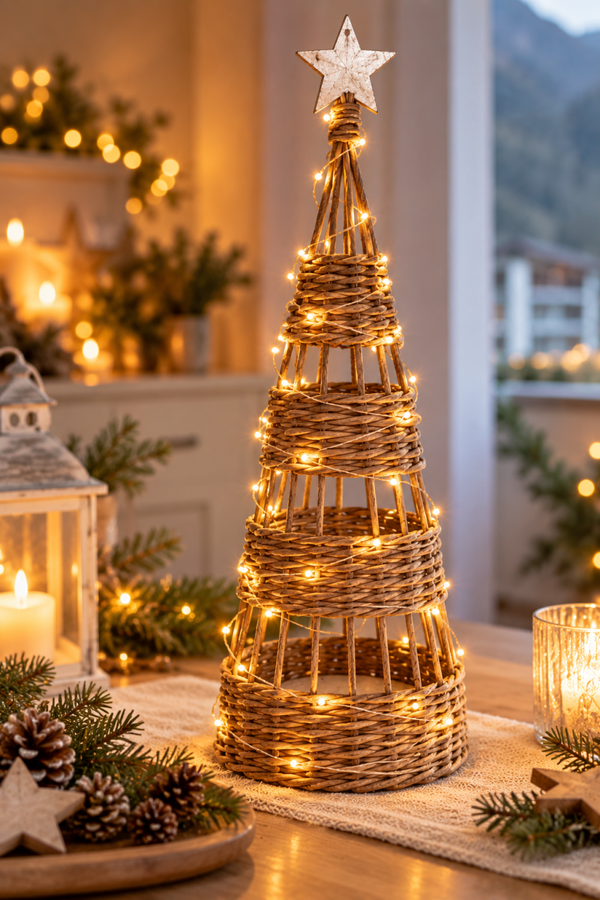 Weihnachtszauber – handgeflochtener Tannenbaum mit Lichterkette