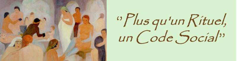 Peinture représentant des femmes lors d'une séance de Hammam traditionnel (code social), soulignant le partage et la transmission du rituel