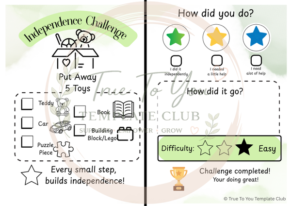 Independence challenge game -  Put away 5 toys