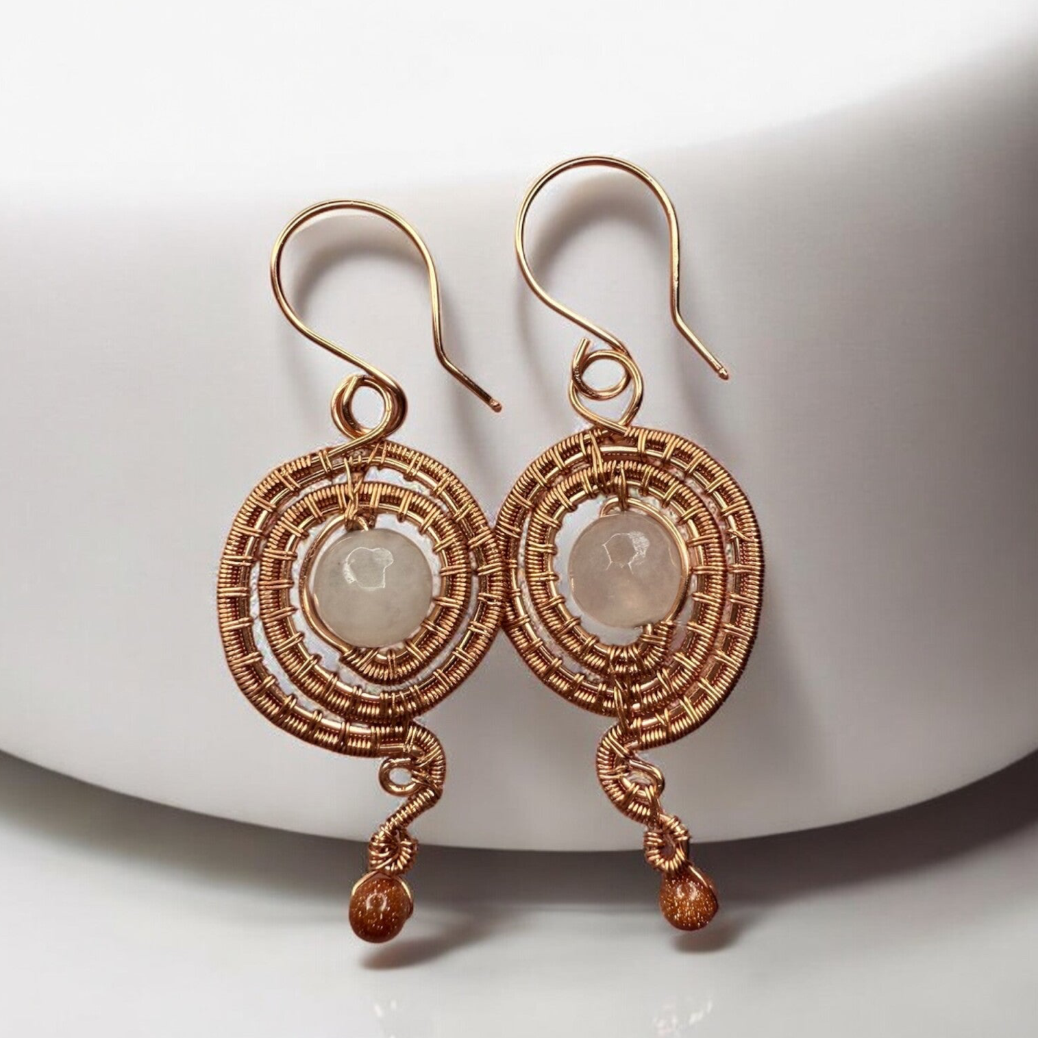 Wire-Wrapped Earrings with Milky Quartz & Sandstone Bead