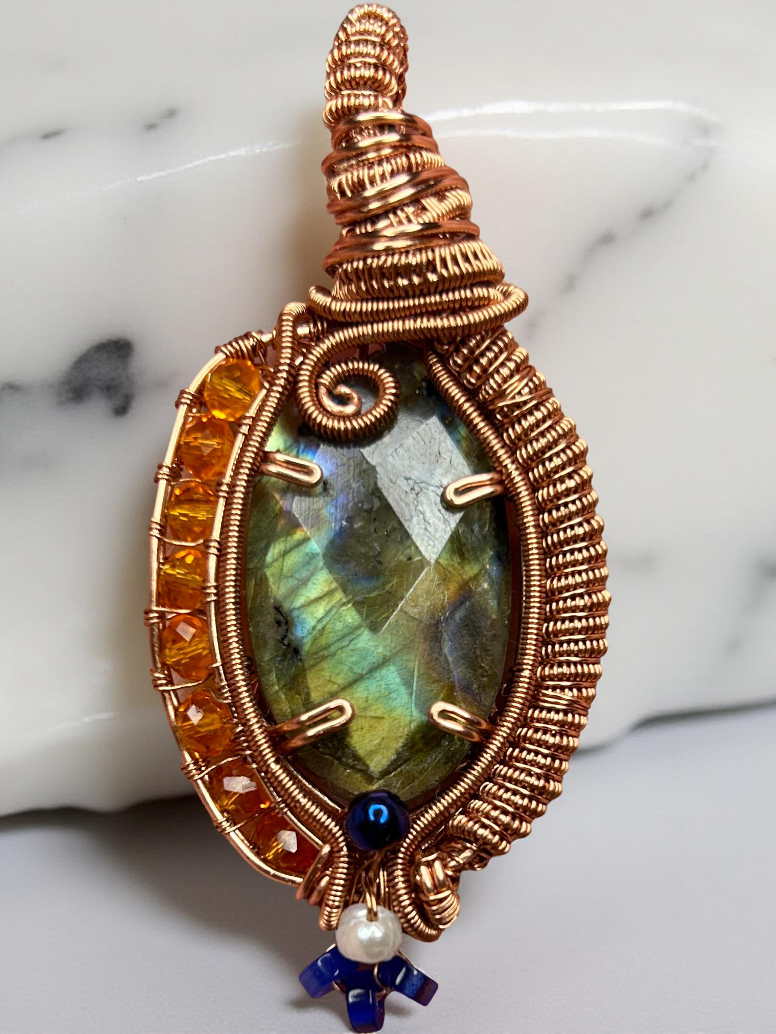 Wire-Wrapped Labradorite Pendant with Mixed Blue & Orange Accents