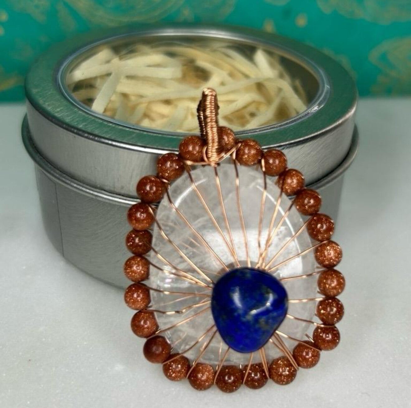 Clear Quartz Pendant with Lapis Lazuli and Sandstone