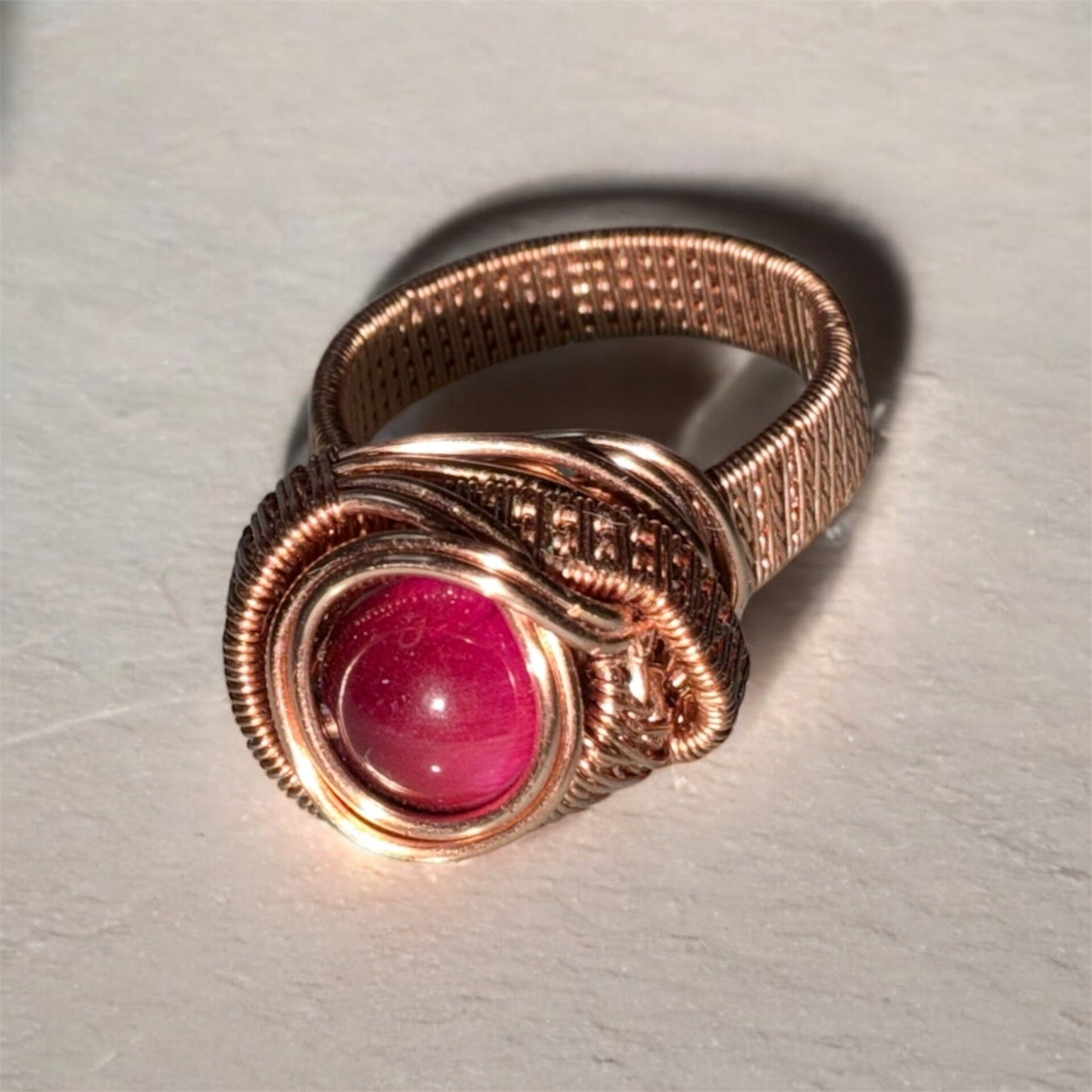 Wire‑Wrapped Ring with Pink Tiger’s Eye Crystal