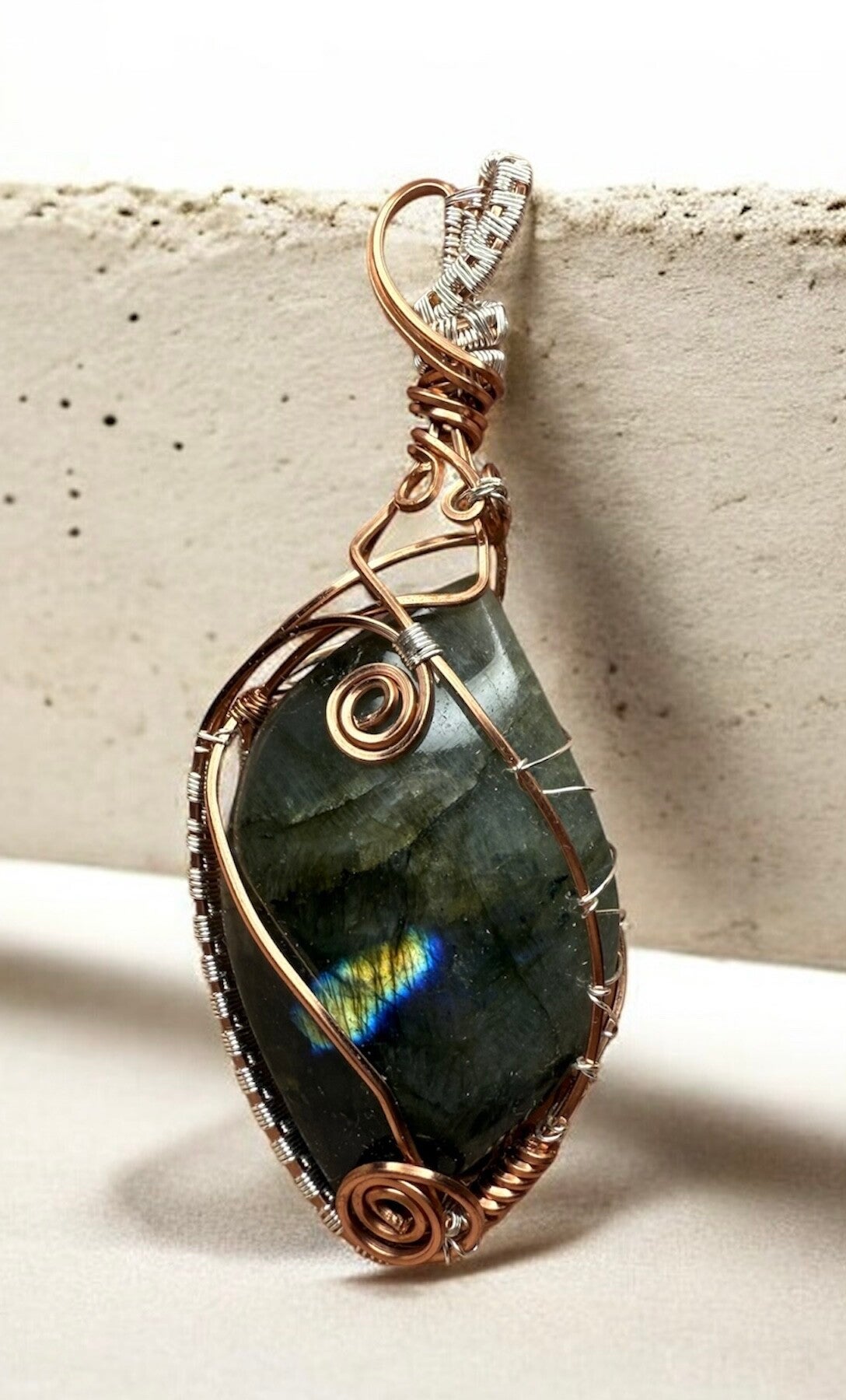 Labradorite Wire-Wrapped Pendant — Copper & Silver Plated (Non-Tarnish)