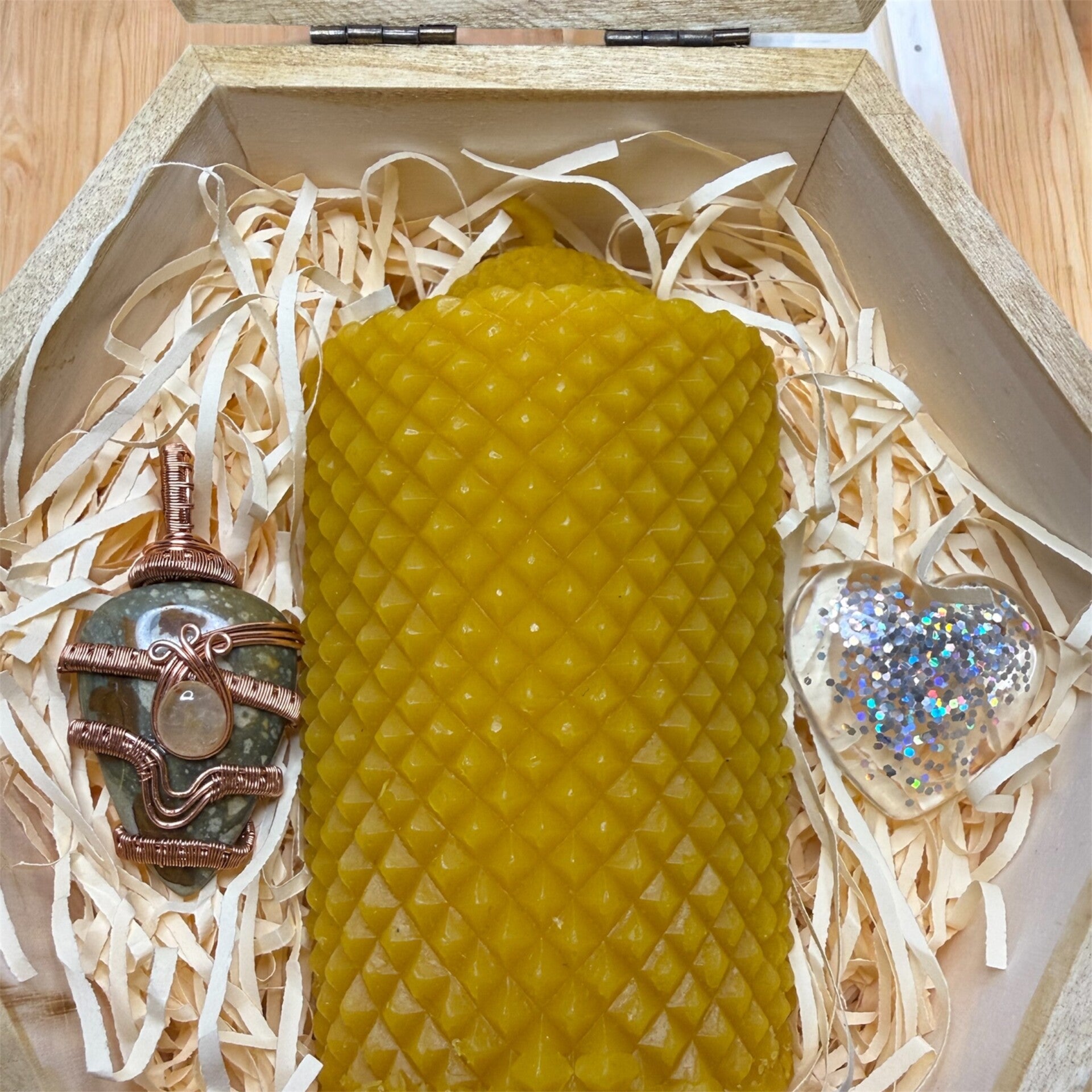 Set of 3: 100% Solid Beeswax Candle with Polychrome Jasper Pendant & Resin Heart