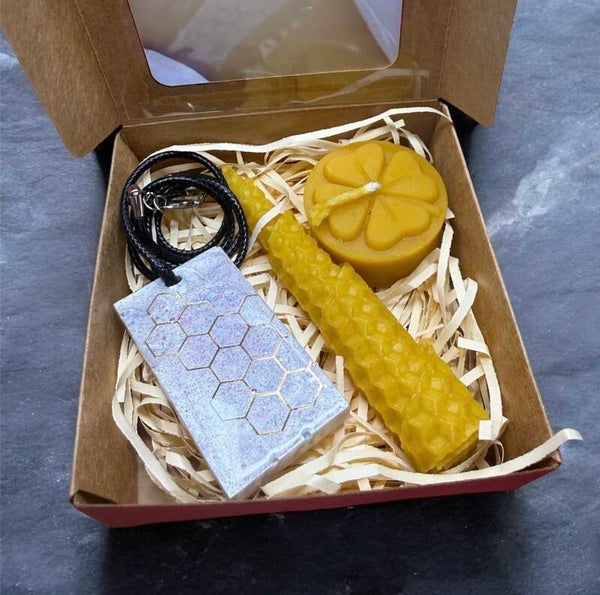 Set of 3 - 2 pieces of 100% beeswax candles & resin pendant
