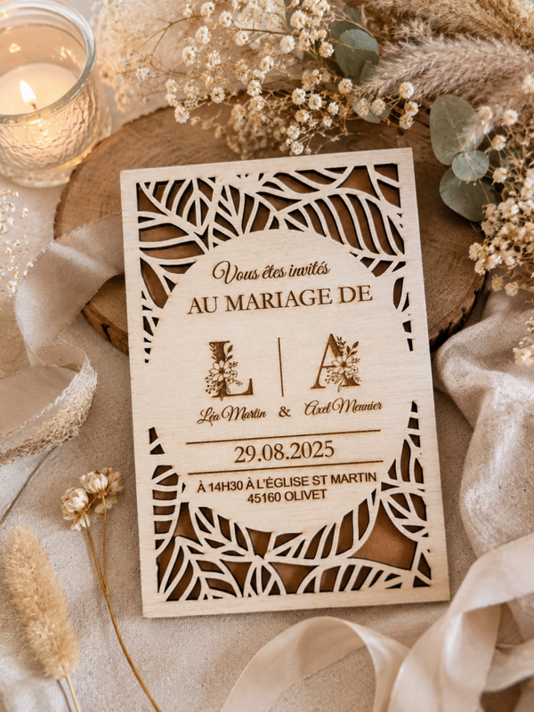 Faire-part de mariage en bois personnalisé