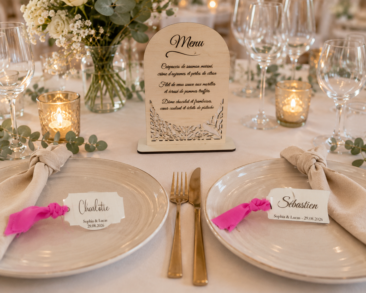 Marque-place de mariage personnalisé en bois – Modèle à nouer