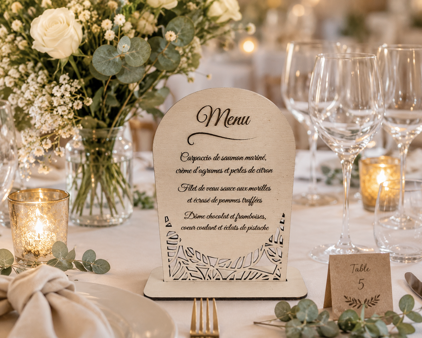 Menu de mariage en bois personnalisé