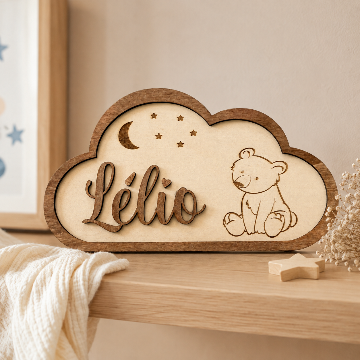 Nuage personnalisé en bois avec prénom – Décoration pour enfant